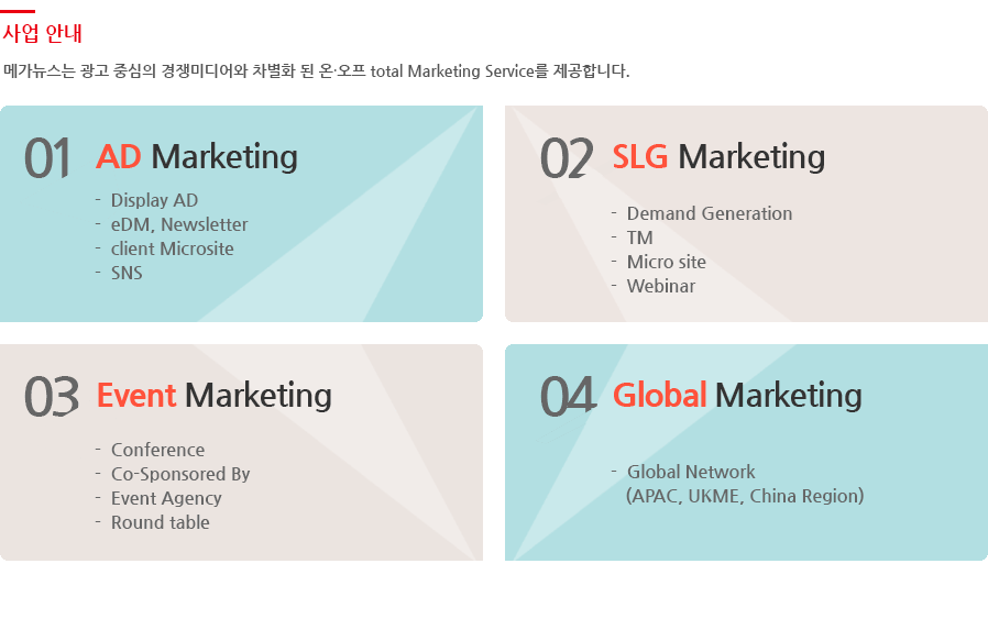 사업 안내 메가뉴스는 광고 중심의 경쟁미디어와 차별화 된 온∙오프 Total Marketing Service를 제공합니다.